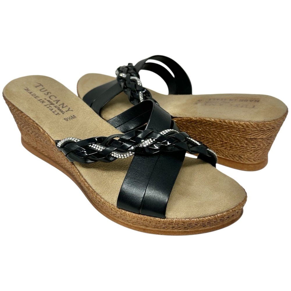 NEW Tuscany by Easy Street Gessica Made in Italy Wedge Sandals Black 9.5